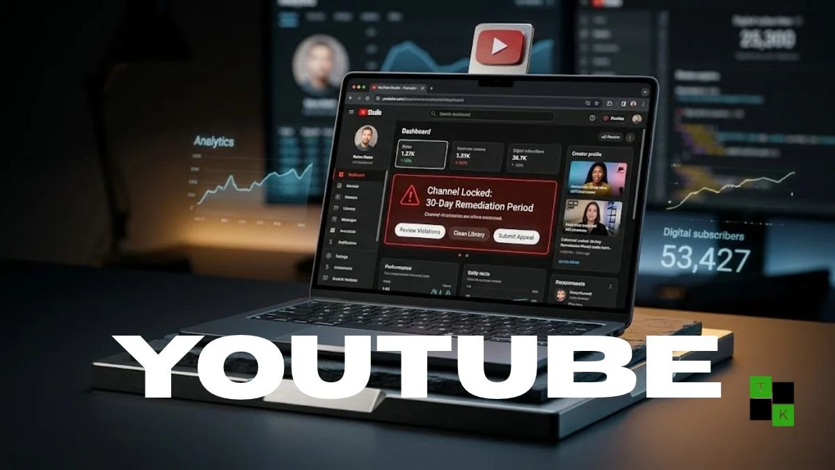 A modern studio laptop displaying the YouTube Studio dashboard showing a 30-day locked channel status banner and video remediation controls.