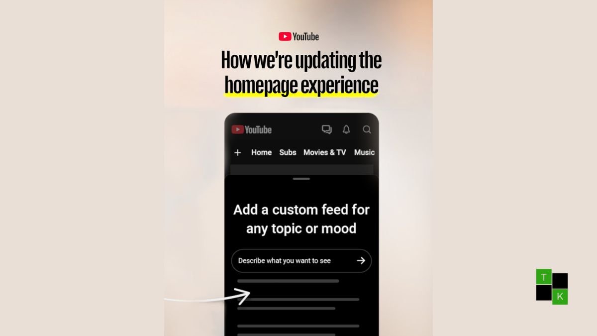 YouTube homepage interface on a modern laptop screen showing newly redesigned top bar with pinned custom feed tabs.